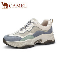 骆驼（CAMEL） 女士 街头百搭荧光线条圆头厚底老爹鞋 A015256108 米/蓝/浅绿 35