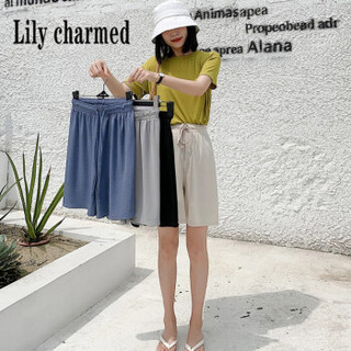 Lily charmed冰丝阔腿短裤女夏季新款韩版高腰直筒中裤宽松薄款港味休闲五分裤 蓝色 M 96-105斤