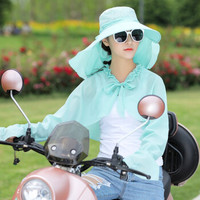 安妮莎遮阳帽子女夏季户外骑行大沿防晒太阳帽披肩护臂面罩 水绿 防晒三件套