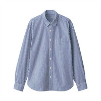 無印良品 MUJI 無印良品 男式 新疆棉 水洗平纹 条纹衬衫 纯棉衬衫 休闲衬衫 深海军蓝 S