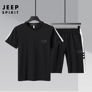 吉普JEEP 套装男短袖T恤短裤中青年休闲2020年春秋圆领衣服裤子RSCS8685TZ 黑色 4XL