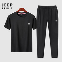 吉普JEEP 套装男2020春夏男士青年T恤运动套装直筒裤户外休闲时尚两件套 JHL7540TZ 黑色 L