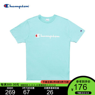  Champion情侣款夏季印花草写LOGO圆领短袖T恤男女 薄荷绿 XL