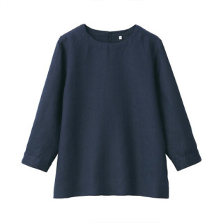 无印良品muji女式亚麻水洗七分袖罩衫深海军蓝s