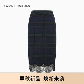 CK JEANS 2020秋冬新款 女装格纹刺绣LOGO花边半身裙 J214763 CHW-藏蓝色 XS