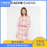 CacheCache春季新款潮流舒适个性一字肩修身格纹收腰显瘦连衣裙女