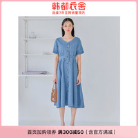 韩都衣舍2020韩版女装夏装新款V领收腰短袖牛仔连衣裙女HO0259魭