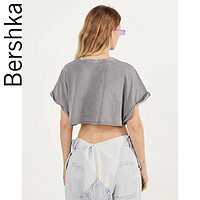 Bershka女士2020夏装灰色圆领休闲宽松露脐短袖T恤女 02259443802 灰色 XS（160/80A）