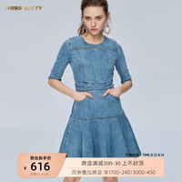 Miss Sixty春夏高收腰修身圆领中袖复古牛仔连衣裙女