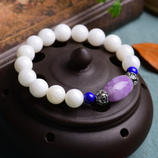 卡薇亚白贝壳玉化手链配紫檀海蓝宝紫水晶玉莲蓬带证书平和款6mm左右 