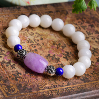 卡薇亚白贝壳玉化手链配紫檀海蓝宝紫水晶玉莲蓬带证书平和款6mm左右 