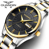 冠琴(GUANQIN)新款正品男士手表全自动机械男表 潮流时尚防水双日历夜光精钢表带手表男机械表腕表 间金黑面