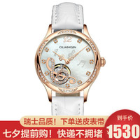 瑞士品质!冠琴(GUANQIN)名表正品进口机芯全自动机械表女表时尚气质手工镶钻镂空防水商务手表女士 典雅白面白皮
