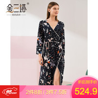 商场同款金三塔睡衣女真丝印花长袖休闲睡裙YSFAA326 点点繁花0386 M