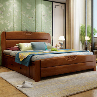 欧宝美实木床新中式卧室床婚床单人床双人床橡木床1.5米高箱款胡桃色