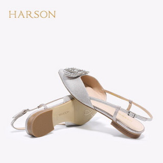 【商场同款】哈森 2020夏季新款包头水钻仙女凉鞋女 平底后空鞋HM01433 银色 35