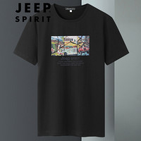 吉普 JEEP短袖T恤男2020夏季韩版潮牌圆领体恤男士短袖上衣服  TX1289360 黑色 2XL