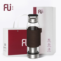 FU+(富光·嘉)逸·系列 轻巧逸动 隐藏便携软胶提环玻璃杯 独立茶仓泡茶水杯 皮革防烫玻璃杯子 逸 370ml 灰色 单层泡茶
