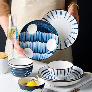 国玥 日式手绘釉下彩碗具陶瓷吃饭碗面碗组合陶瓷碗碟碗盘套装 和风青染 混色4.5英寸直口碗8个