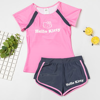 hellokitty泳衣女青少年大童保守2019新款分体游泳衣可爱运动泳装