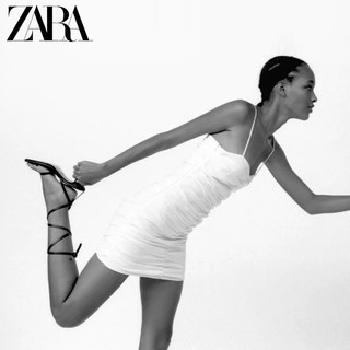 ZARA新款 女鞋 黑色方头高跟绑带羊皮革凉鞋 12356513040