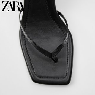 ZARA新款 女鞋 黑色方头高跟绑带羊皮革凉鞋 12356513040