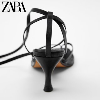 ZARA新款 女鞋 黑色方头高跟绑带羊皮革凉鞋 12356513040