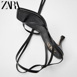 ZARA新款 女鞋 黑色方头高跟绑带羊皮革凉鞋 12356513040