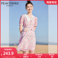 7太平鸟粉色翻领碎花连衣裙2020夏季新款荷叶边收腰短袖短款裙子