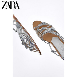 ZARA新款 女鞋 银色编织平底方头时装凉鞋 12644510092