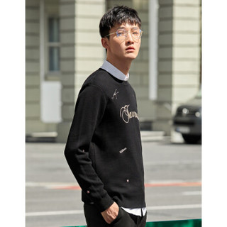 卡宾男装秋冬圆领套头黑色套头毛衣新款刺绣简约时尚情侣装A 煤黑色01 48/170/M