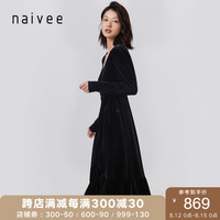 三木博主同系列款naivee纳薇2020秋季新复古黑丝绒V领中长连衣裙