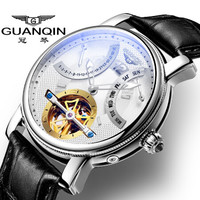 冠琴(GUANQIN)正品手表男士新品镂空陀飞轮全自动机械表男表 个性曲面夜光帅气时尚真牛皮带腕表男 黑皮精钢白面