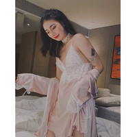 PEANOJEAN 女士纯色V领冰丝吊带睡衣2件套6762 粉色M
