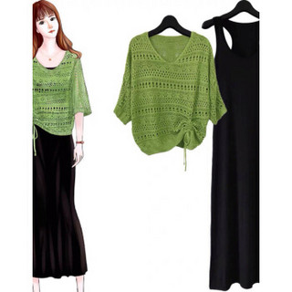裙钗记女装套装夏镂空针织衫罩衫薄款蝙蝠衫连衣裙两件套裙 绿色 均码 建议85-140斤