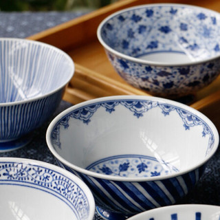 美浓烧烧日式碗餐具家用米饭碗陶瓷碗小碗吃饭碗釉下彩日本高脚碗 五件套4.5英寸