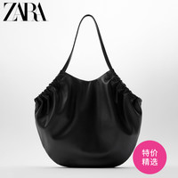 ZARA 新款 女包 黑色椭圆形软质单肩购物包 16006510040
