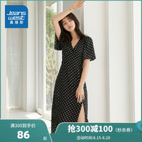 真维斯女装 2020夏装新款 复古风露背波点中长款开叉短袖连衣裙