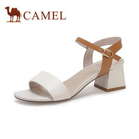 骆驼（CAMEL） 女鞋 时尚摩登牛皮撞色一字带中跟凉鞋 A02515695 米白/棕 37