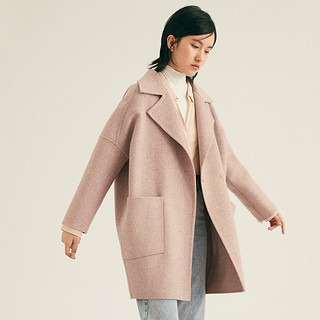 粉色双面呢大衣女中长款冬装2018新款韩版翻领流行宽松毛呢外套