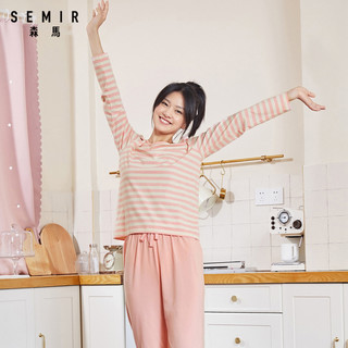 森马 Semir睡衣男女春秋套装长袖条纹撞色可爱可外穿薄款舒适棉情侣睡衣