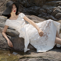 2020夏季新款女装V领修身大摆裙白色提花连衣裙收腰优雅礼服长裙