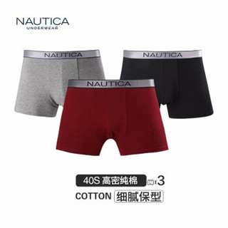 Nautica Underwear诺帝卡内裤男士新品棉质透气舒适平角底裤三条装 黑色+酒红+深灰 M