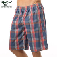 七匹狼阿罗裤男纯棉居家男士平角裤休闲大裤衩睡裤格子短裤 内裤男 深蓝 XL-175