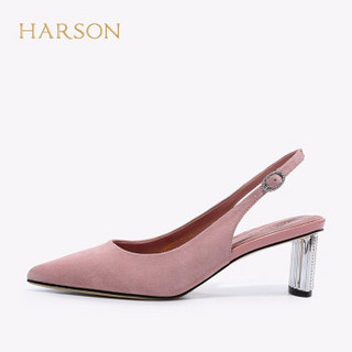 哈森 2020夏季新款羊反绒粗跟凉鞋女 包头后空一字带单鞋 HM06027 粉色 34