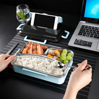 佳佰 304不锈钢饭盒 加大加深3格学生饭盒北欧饭盒密封便当盒带分隔送不锈钢筷勺 蓝色 J1013-3L