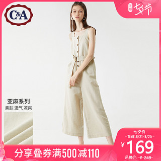 C&A法式亚麻混纺吊带连体裤女2020夏季直筒休闲裤CA200227570-EL 浅米 M