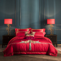 罗莱家纺床上八件套喜庆大红色结婚庆提花1.8m双人床家居被套床单