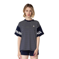 Paul Frank/大嘴猴 2020春夏运动条纹短袖T恤女宽松圆领上衣休闲ins潮T恤 藏青 XL