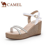 骆驼（CAMEL） 女鞋 时尚舒适水钻饰带一字扣坡跟凉鞋 A02559609 米白 38